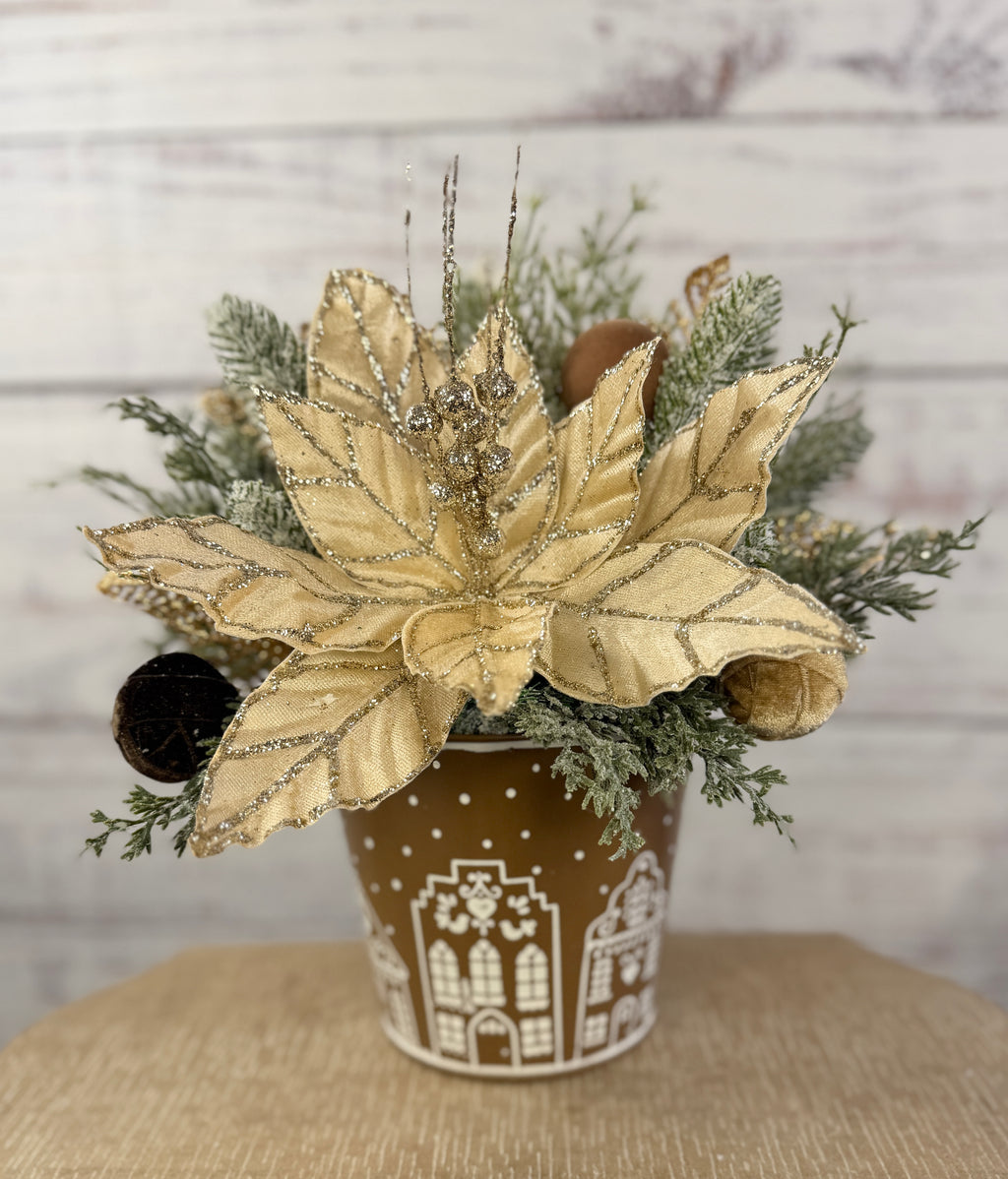 Champagne & Cocoa Christmas Poinsettia Arrangement in Gingerbread Tin, Neutral Holiday Centerpiece