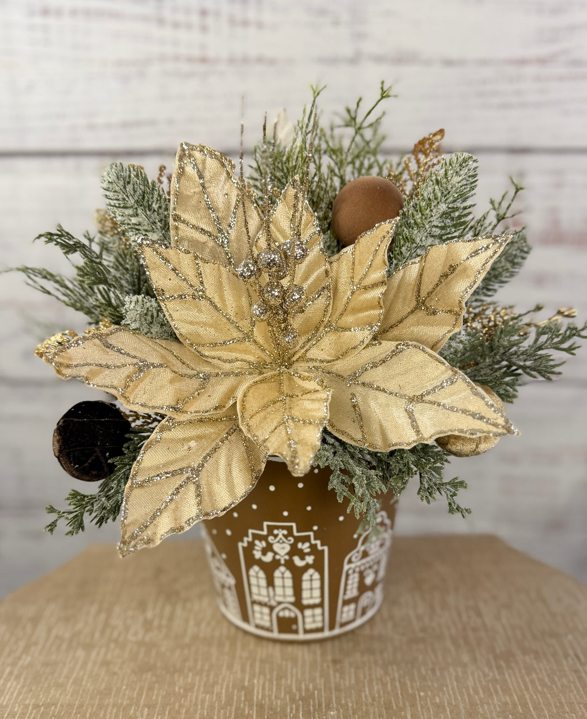 Champagne & Cocoa Christmas Poinsettia Arrangement in Gingerbread Tin, Neutral Holiday Centerpiece