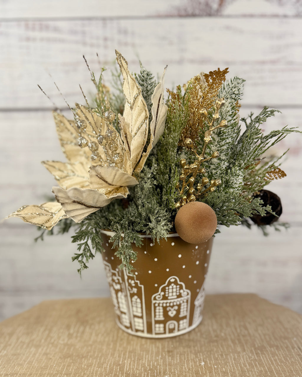 Champagne & Cocoa Christmas Poinsettia Arrangement in Gingerbread Tin, Neutral Holiday Centerpiece