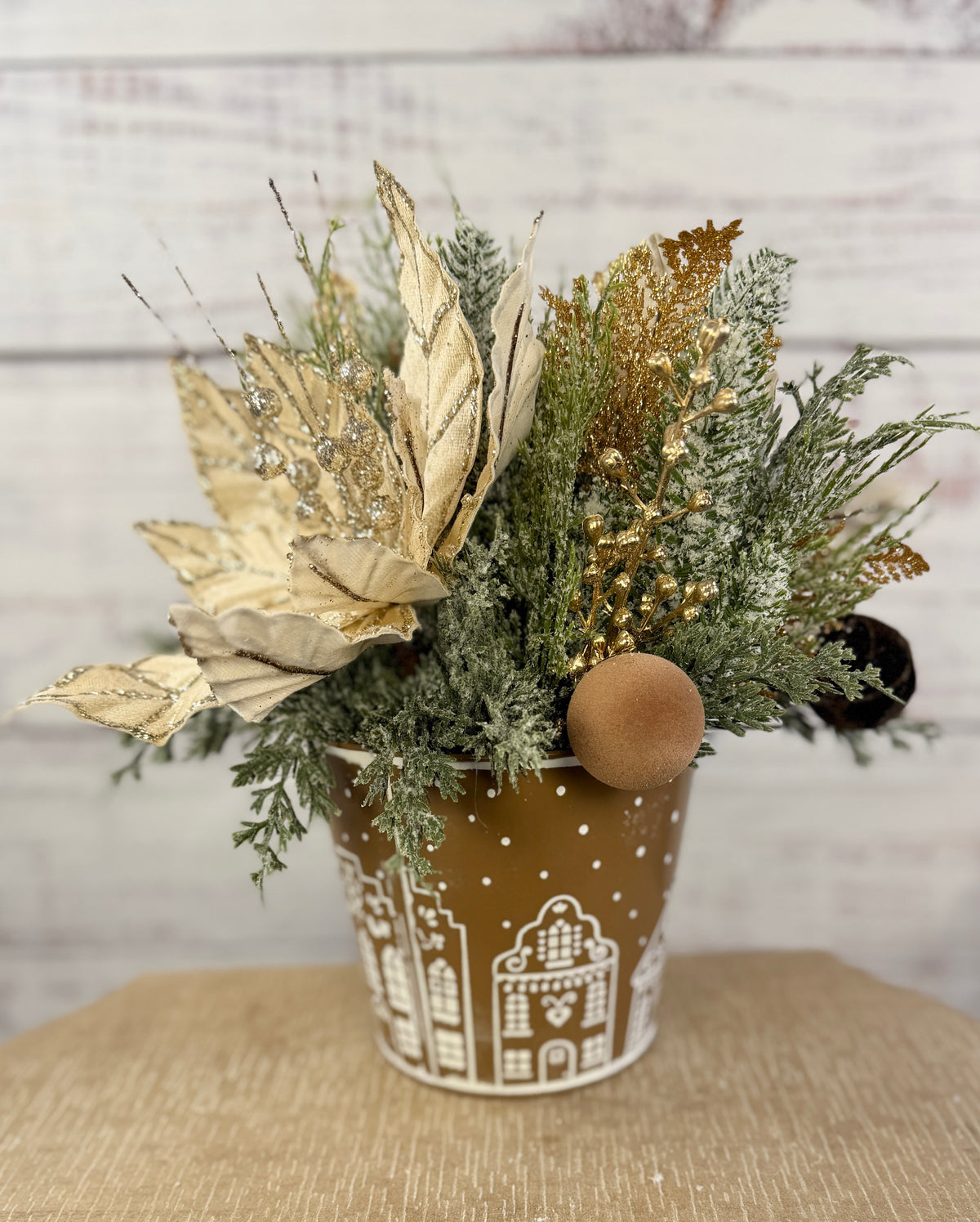 Champagne & Cocoa Christmas Poinsettia Arrangement in Gingerbread Tin, Neutral Holiday Centerpiece