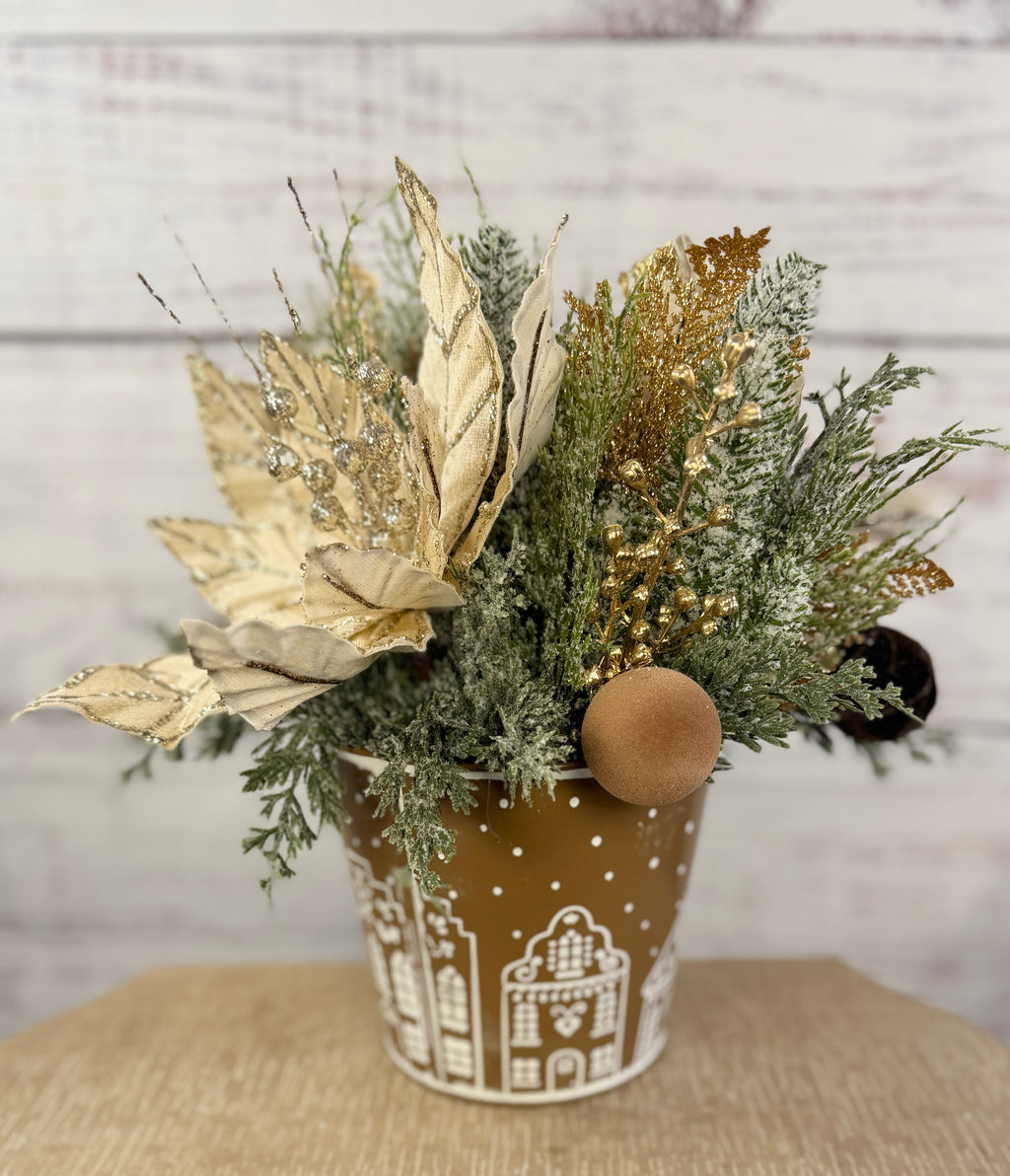 Champagne & Cocoa Christmas Poinsettia Arrangement in Gingerbread Tin, Neutral Holiday Centerpiece