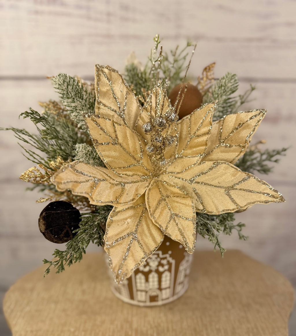 Champagne & Cocoa Christmas Poinsettia Arrangement in Gingerbread Tin, Neutral Holiday Centerpiece