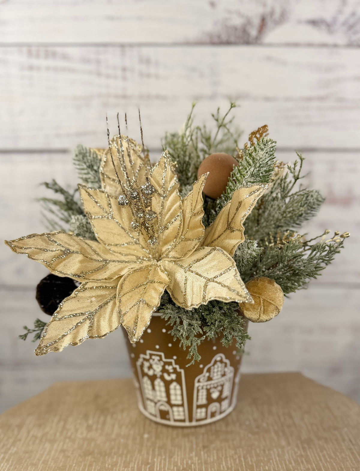 Champagne & Cocoa Christmas Poinsettia Arrangement in Gingerbread Tin, Neutral Holiday Centerpiece