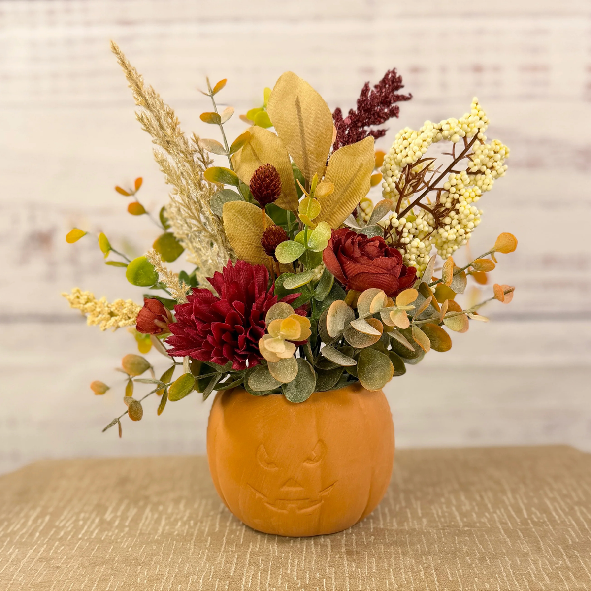 Burgundy Pumpkin Patch – Terracotta Pumpkin Fall Floral Arrangement
