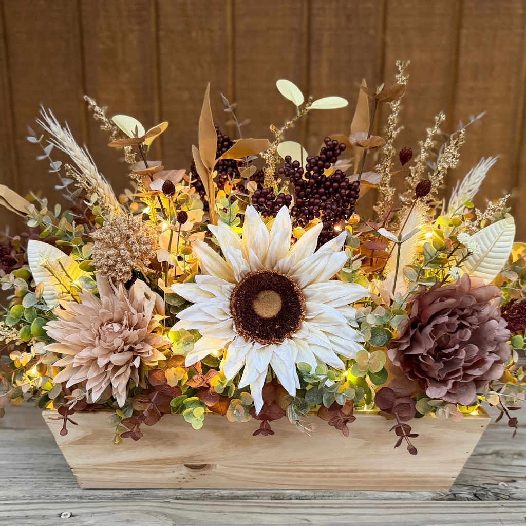 Lighted Sunflower Fall Floral Arrangement – Burgundy & Mauve Wood Trough
