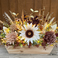 Lighted Sunflower Fall Floral Arrangement – Burgundy & Mauve Wood Trough