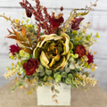 Cottage Crimson – Fall Floral Arrangement in Distressed Wood Cube