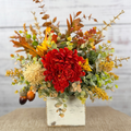 Crimson Harvest – Rustic Fall Floral Arrangement in White Wood Cube