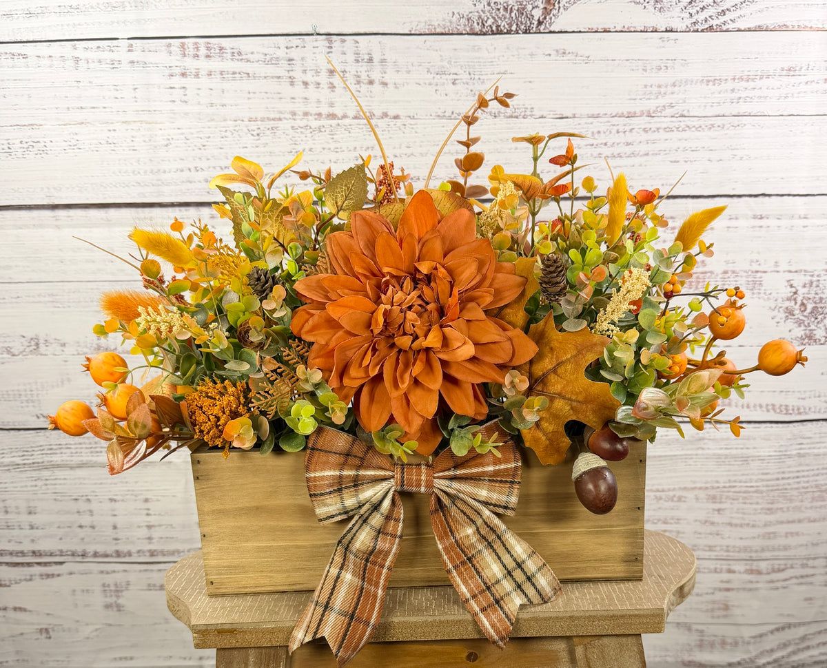 Amber Dahlia Harvest orange floral arrangement in a rustic wood box