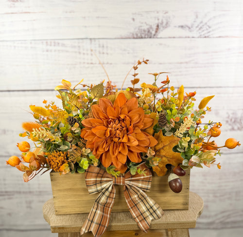 Amber Dahlia Harvest orange floral arrangement in a rustic wood box