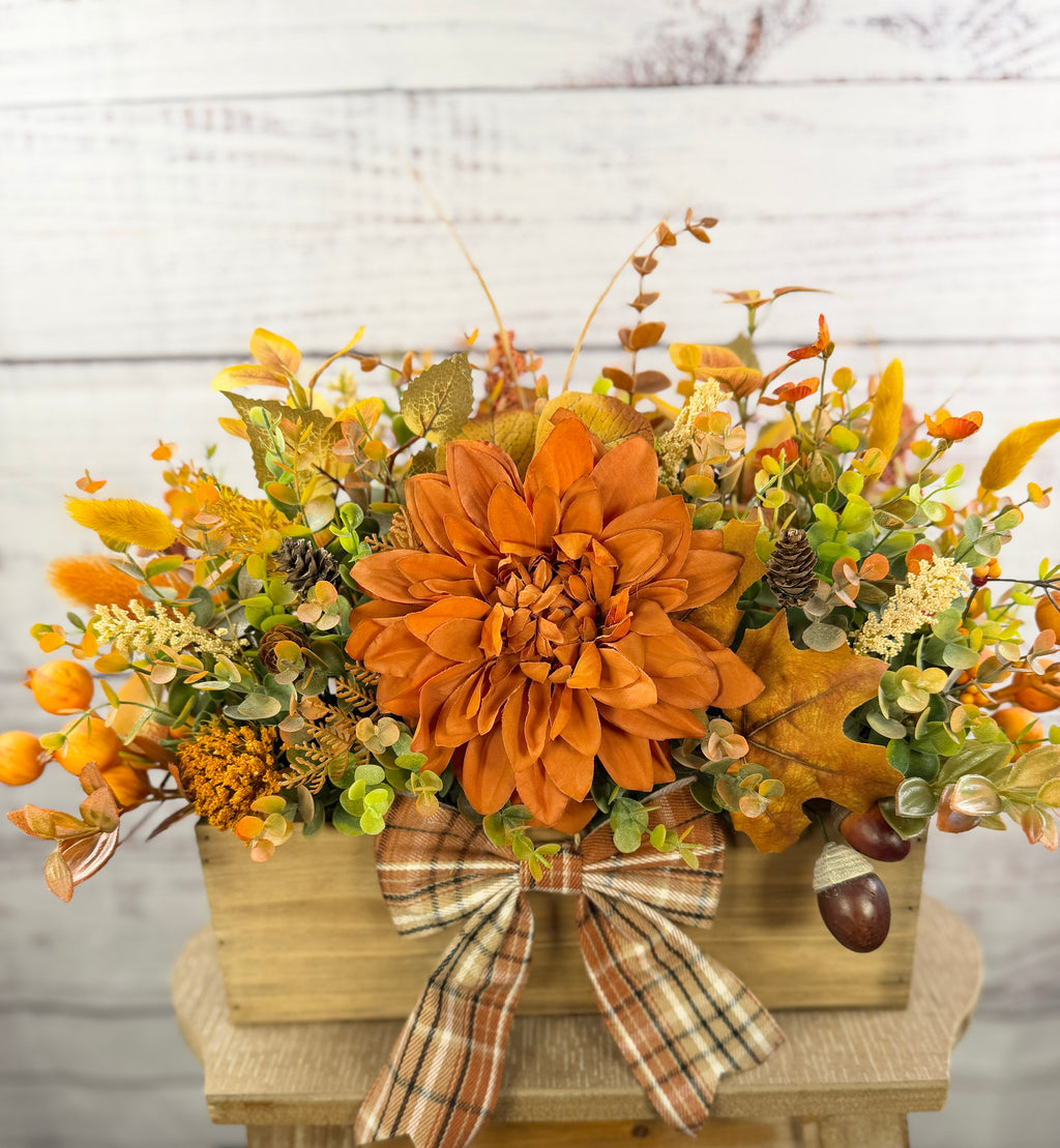 Amber Dahlia Harvest orange floral arrangement in a rustic wood box