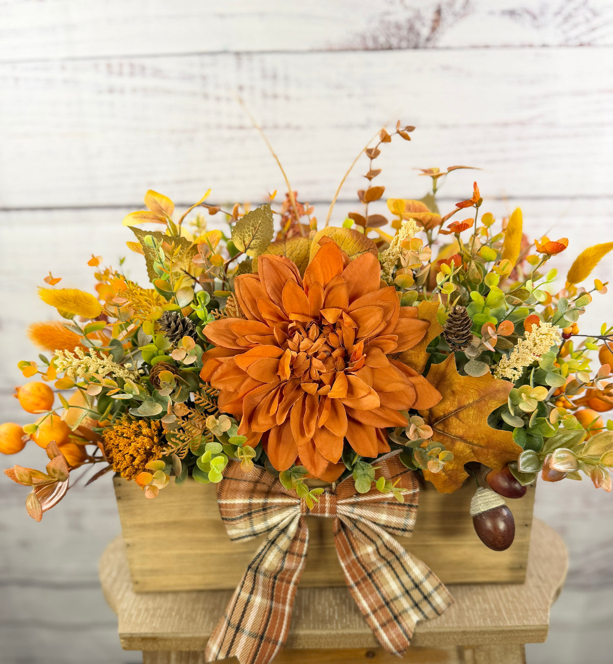 Amber Dahlia Harvest orange floral arrangement in a rustic wood box