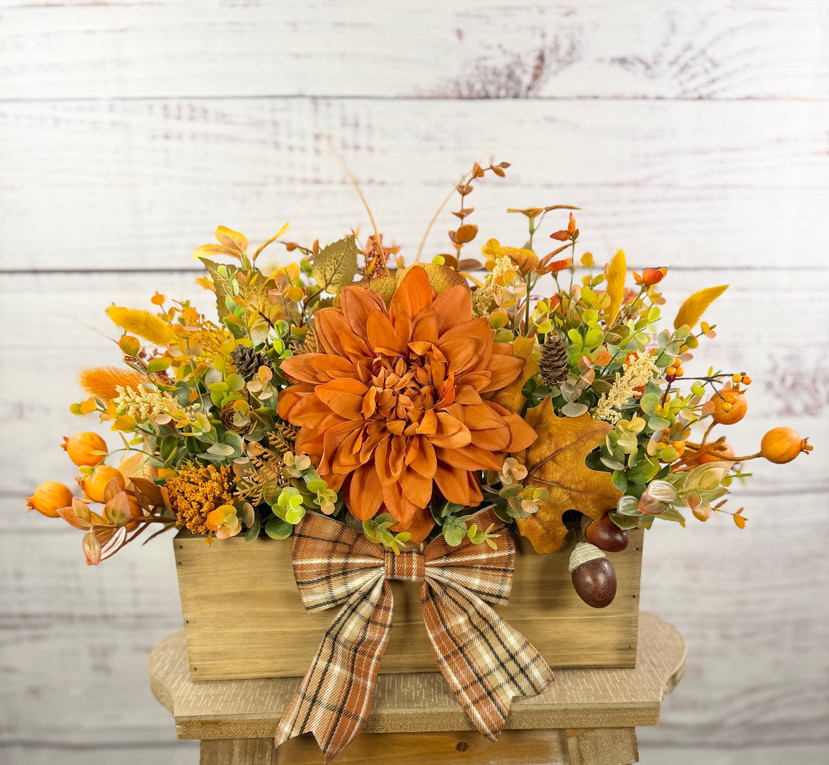 Amber Dahlia Harvest orange floral arrangement in a rustic wood box