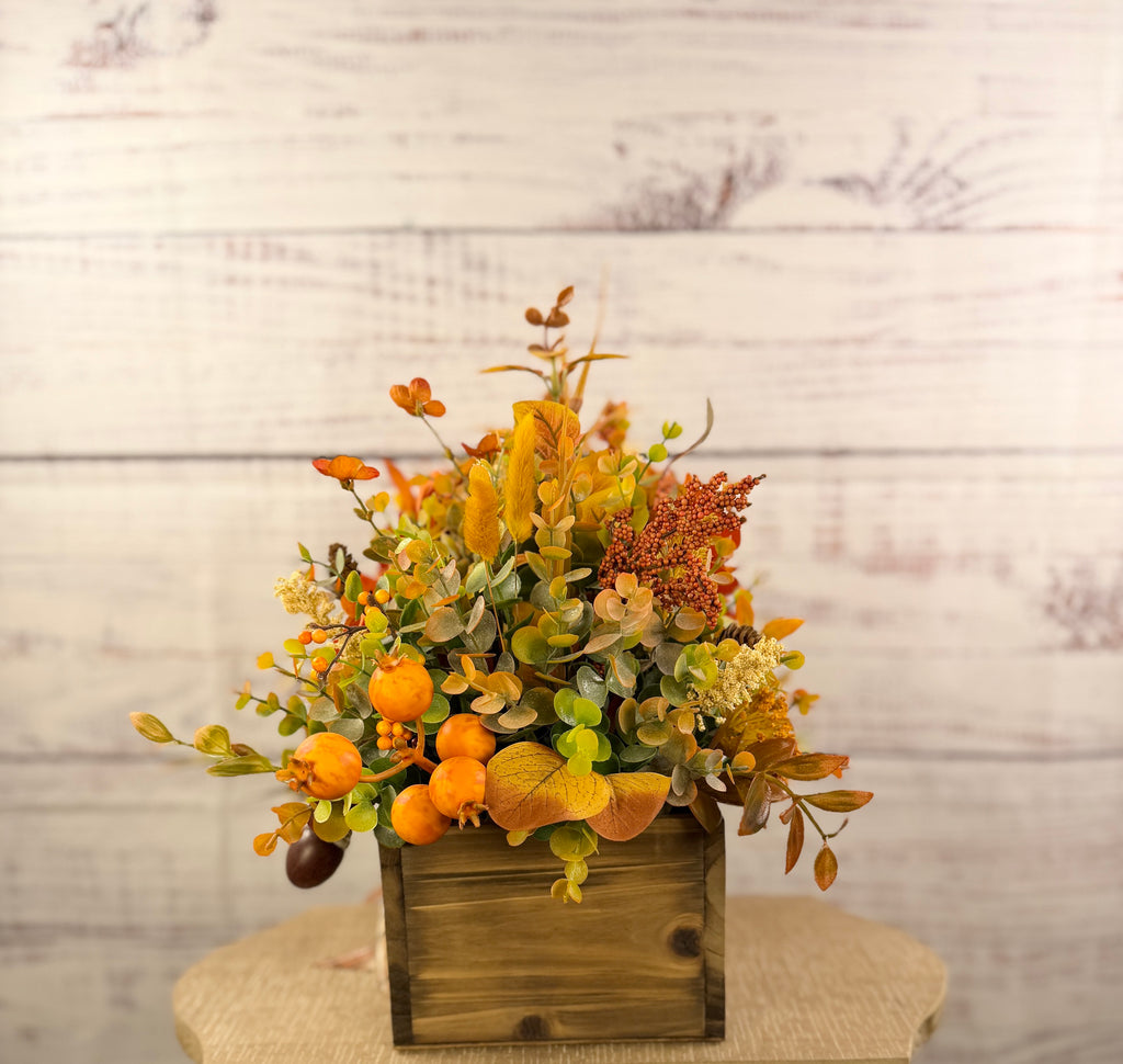 Amber Dahlia Harvest orange floral arrangement in a rustic wood box