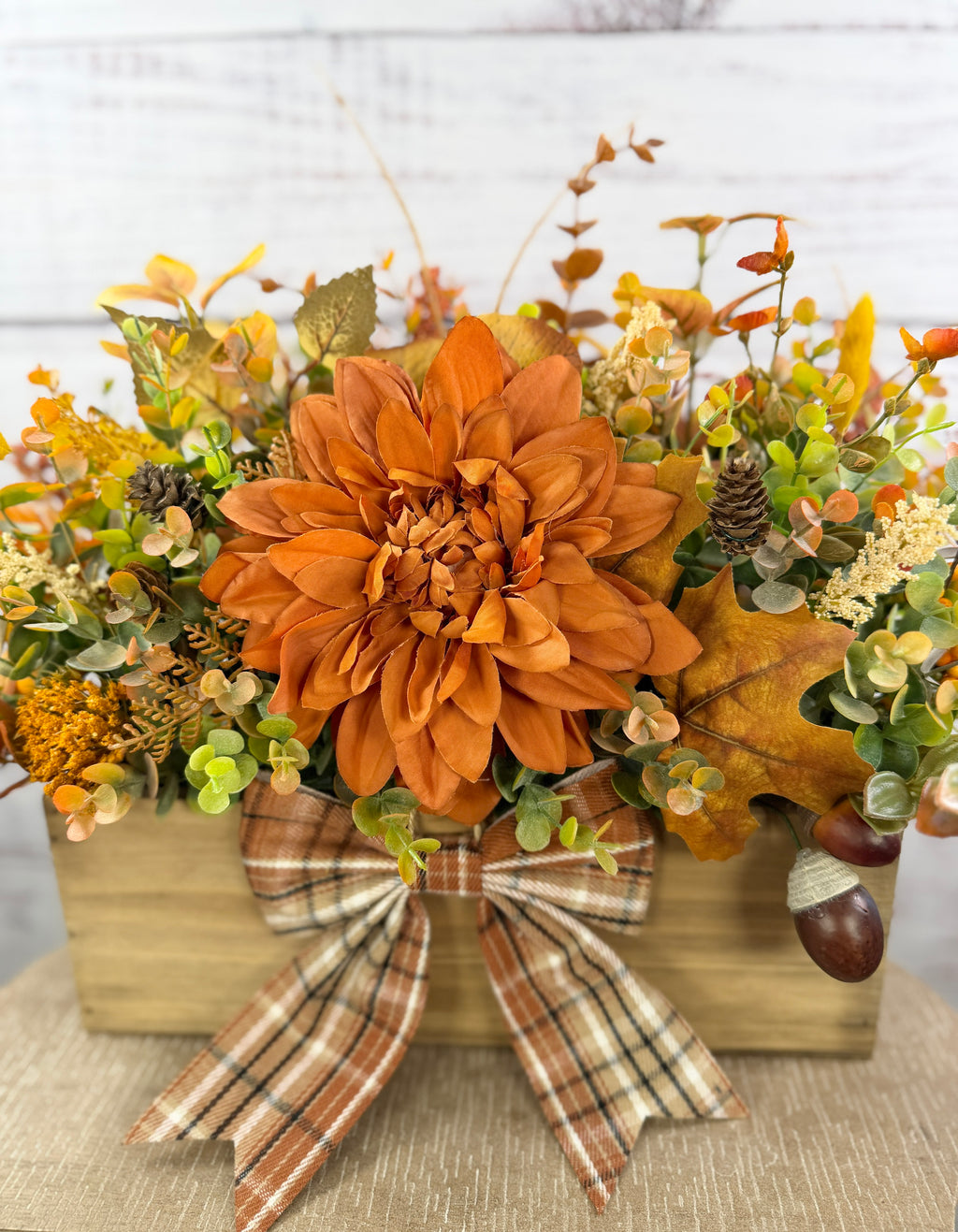 Amber Dahlia Harvest orange floral arrangement in a rustic wood box