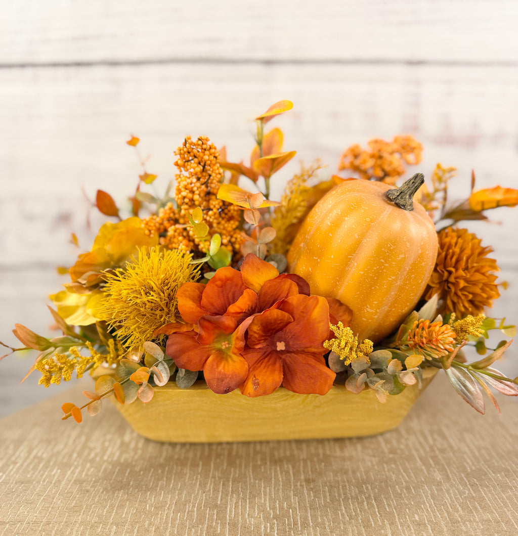 Amber Gatherings fall dough bowl arrangement, alternate view