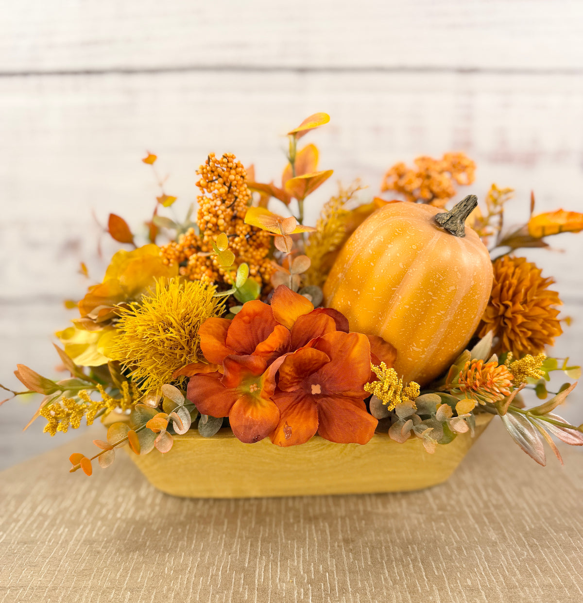 Amber Gatherings fall dough bowl arrangement, alternate view
