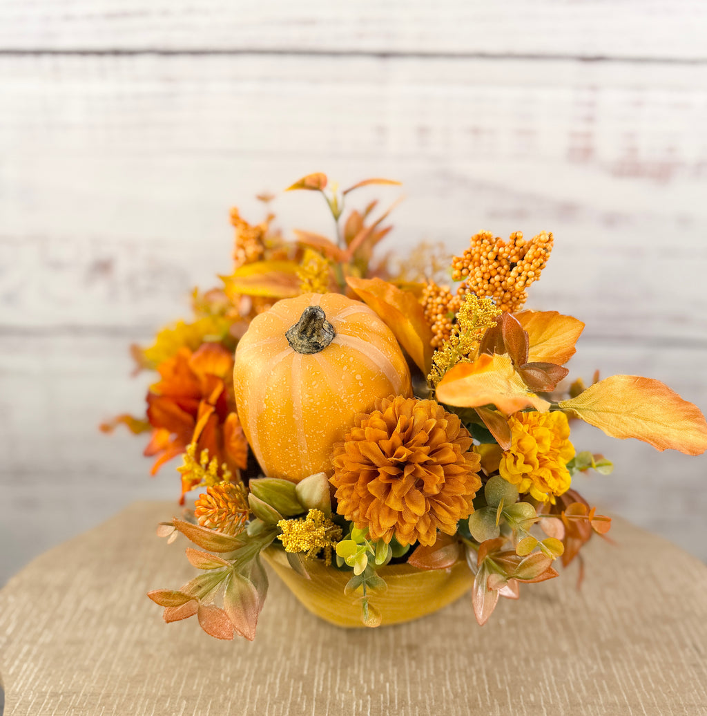 Amber Gatherings fall dough bowl arrangement, alternate view