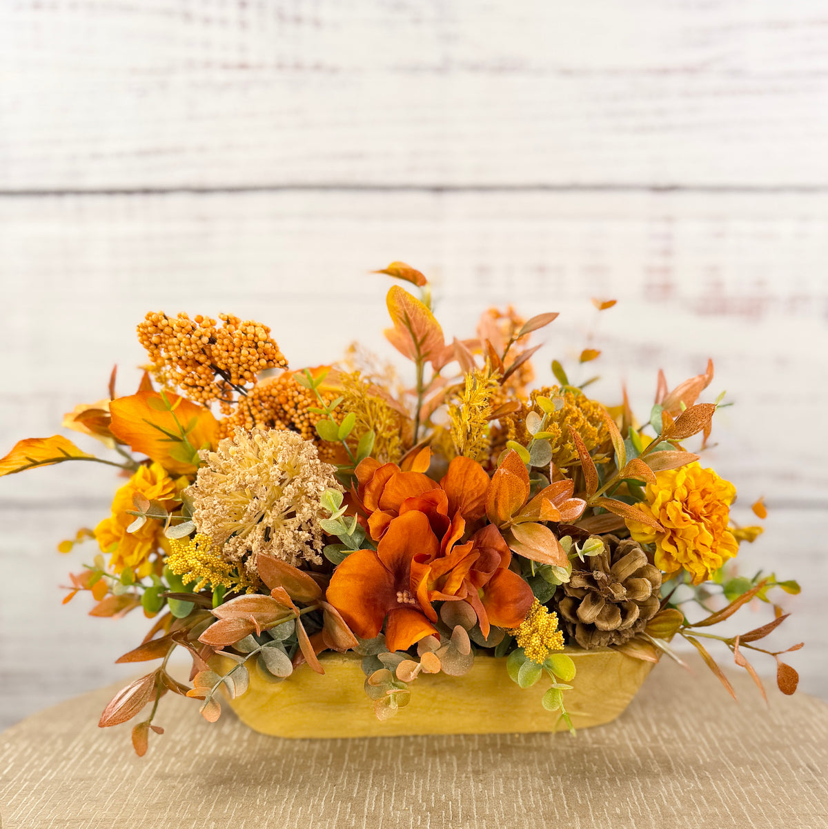 Amber Gatherings fall dough bowl arrangement, alternate view