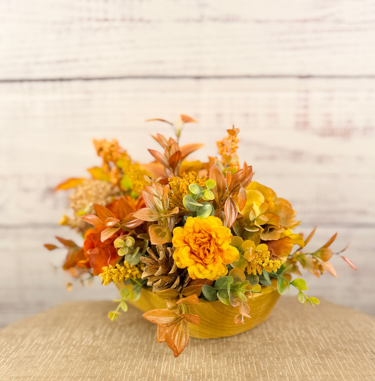 Amber Gatherings fall dough bowl arrangement, alternate view