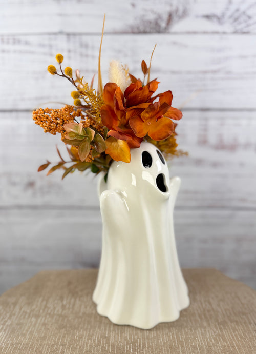Autumn floral arrangement in a ceramic ghost pitcher, alternate view