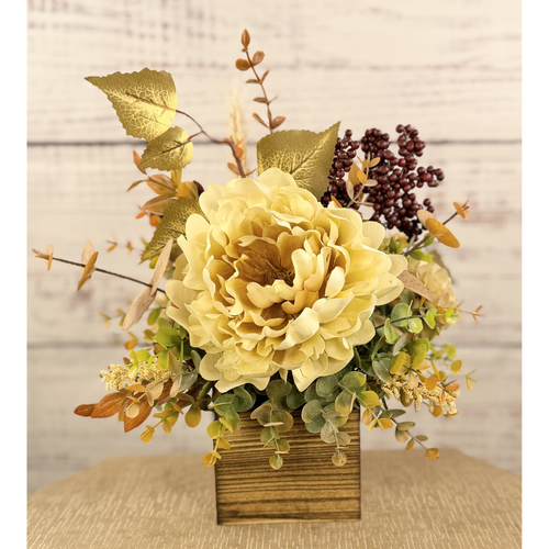 Autumn Latte cream and taupe floral arrangement in a rustic wooden cube