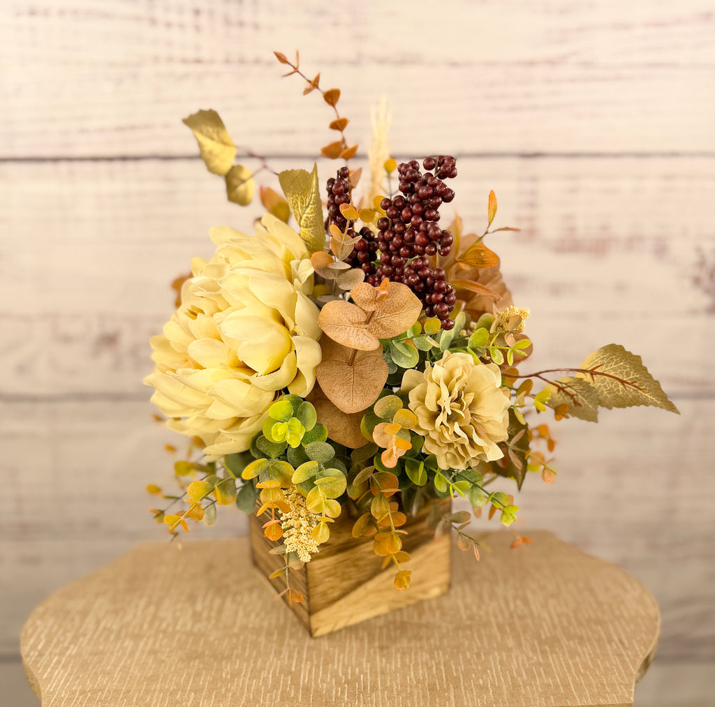 Autumn Latte neutral fall floral arrangement detail and alternate view