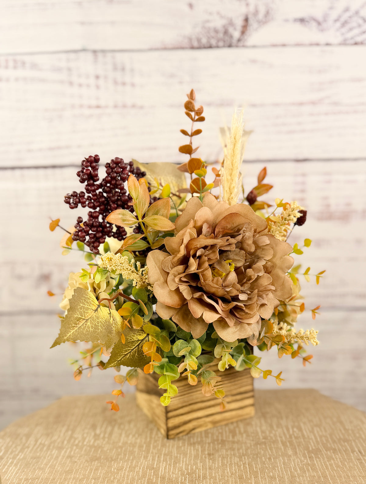 Autumn Latte neutral fall floral arrangement detail and alternate view