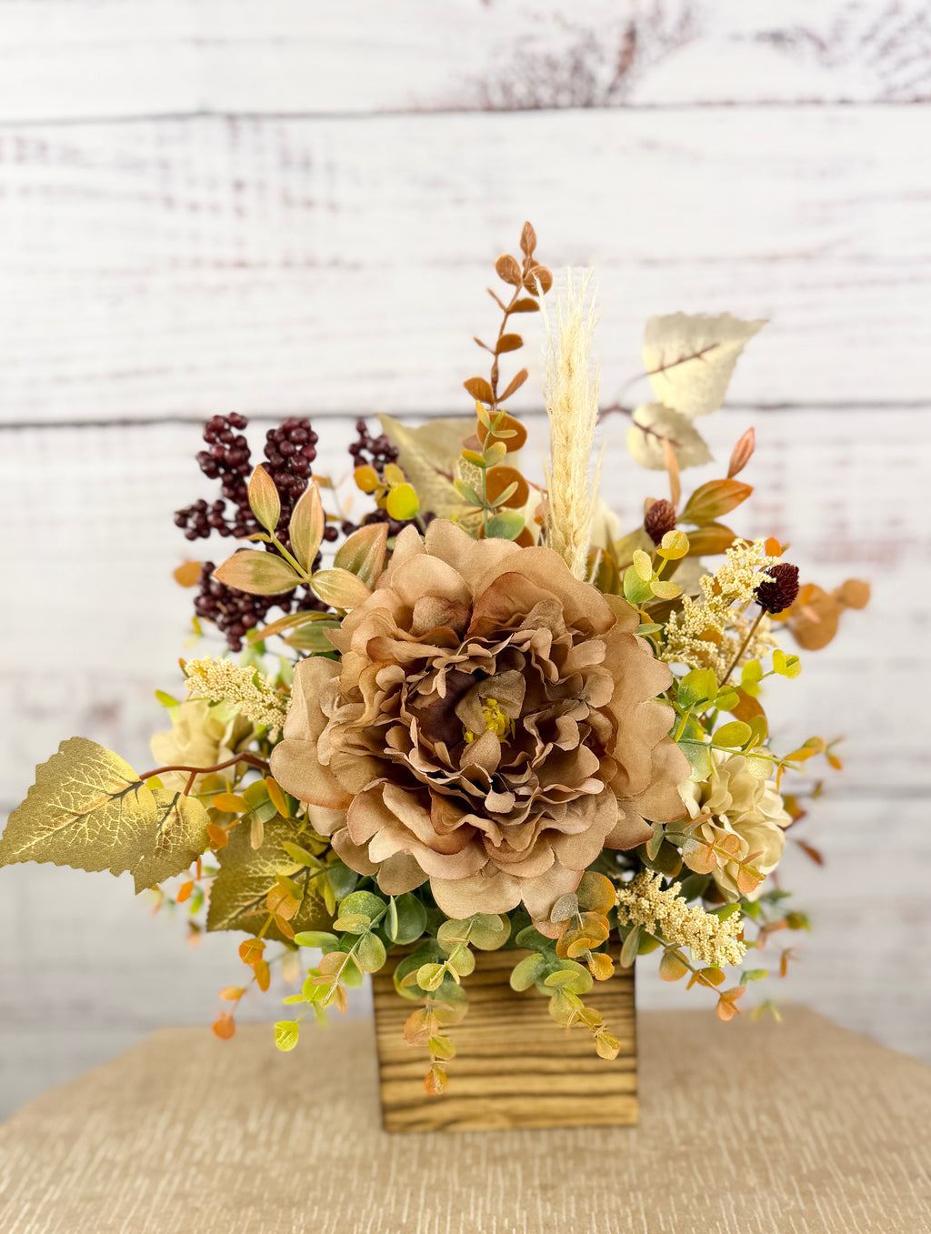 Autumn Latte neutral fall floral arrangement detail and alternate view