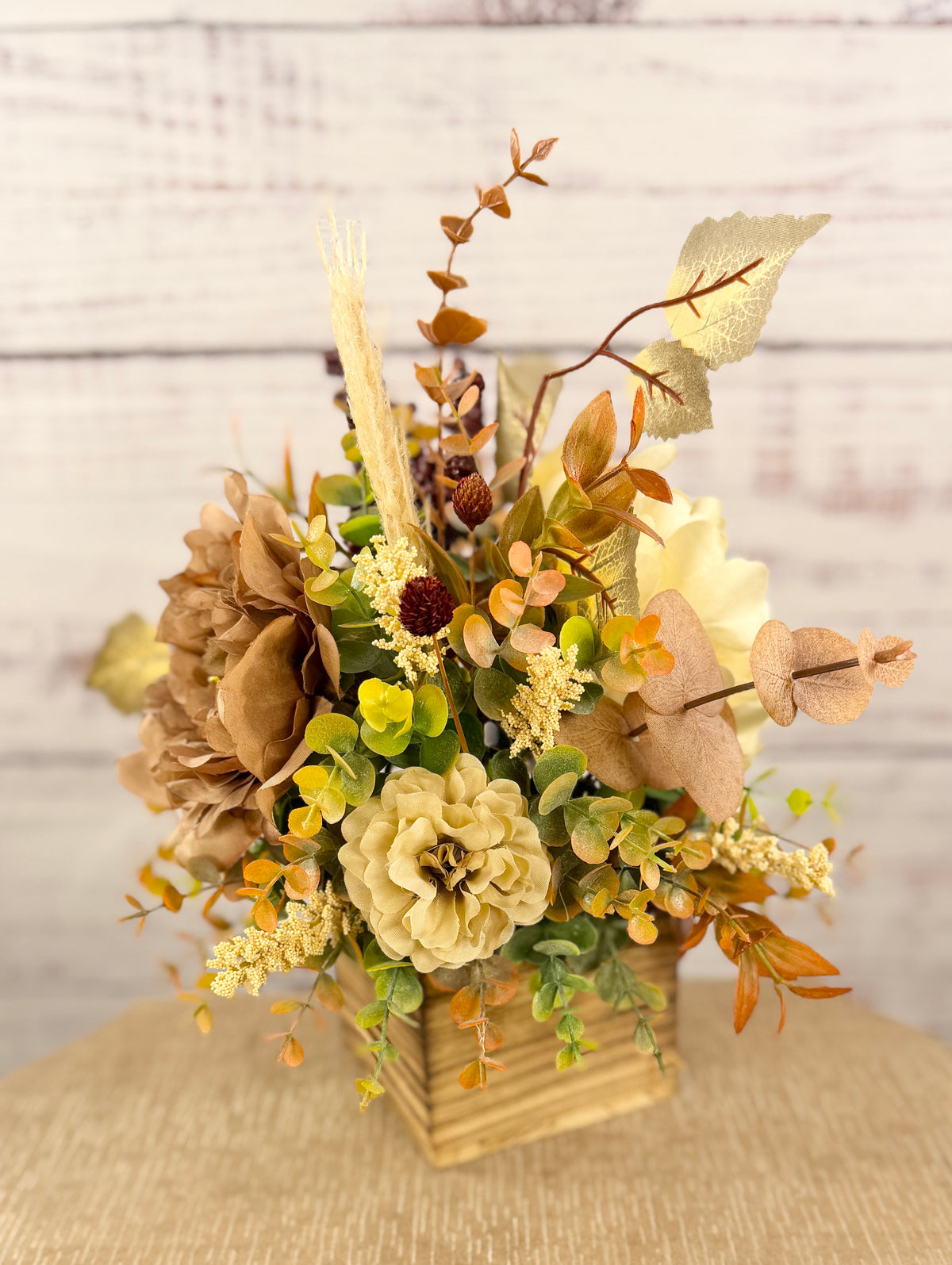 Autumn Latte neutral fall floral arrangement detail and alternate view