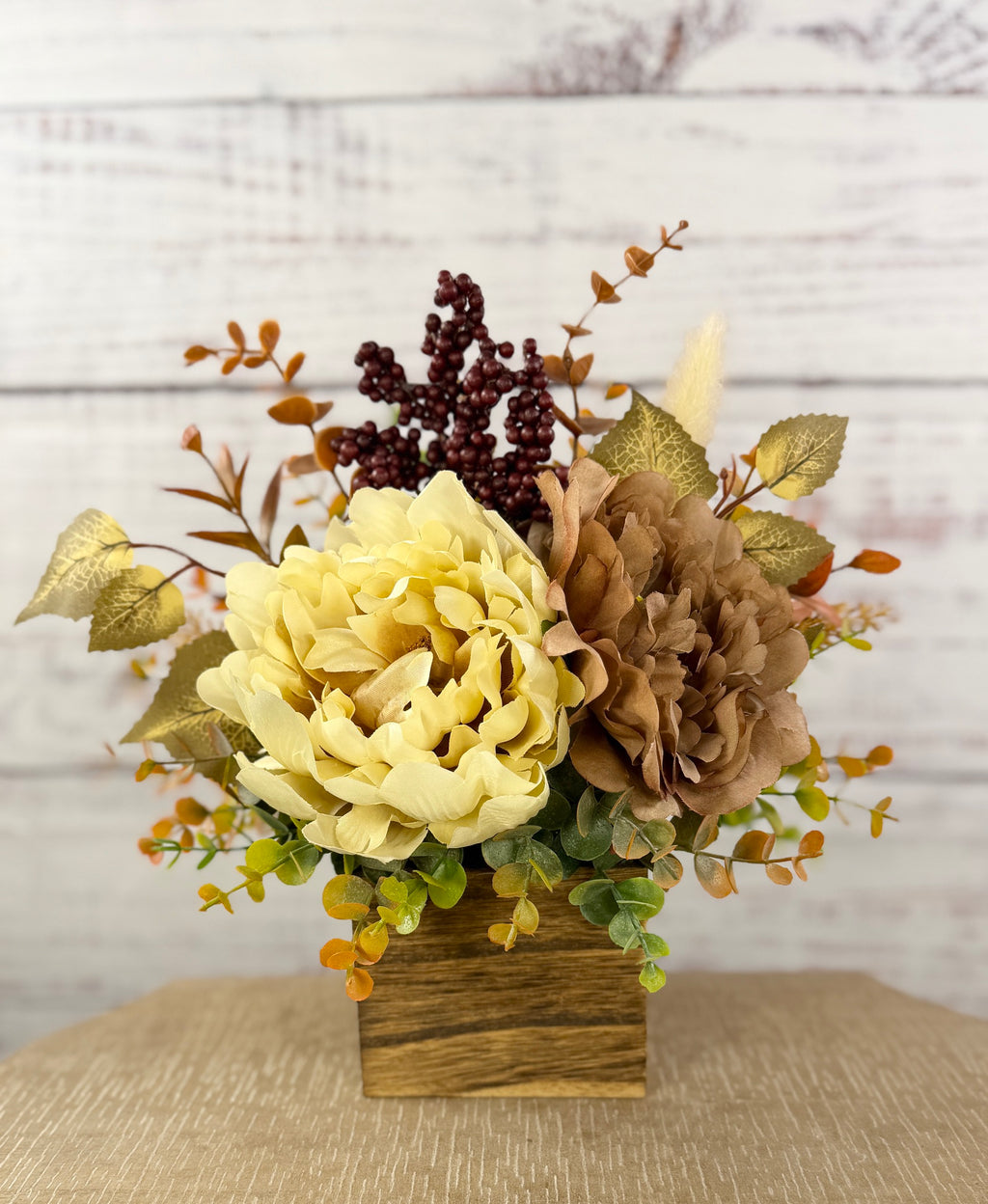 Buttercream & Cocoa fall floral arrangement in a rustic wood cube, cream and cocoa-brown blooms with burgundy berries, view 1