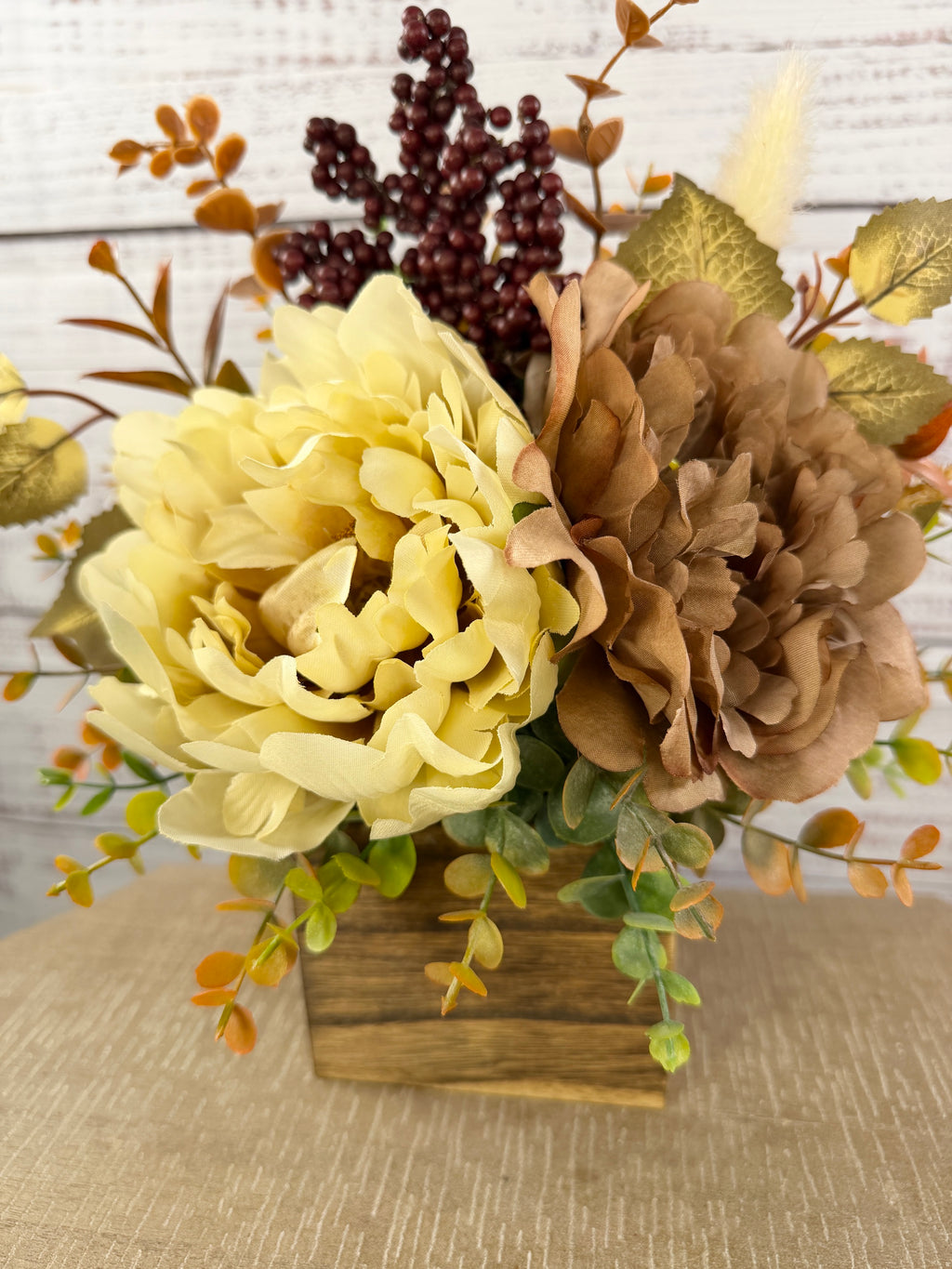 Buttercream & Cocoa fall floral arrangement in a rustic wood cube, cream and cocoa-brown blooms with burgundy berries, view 10