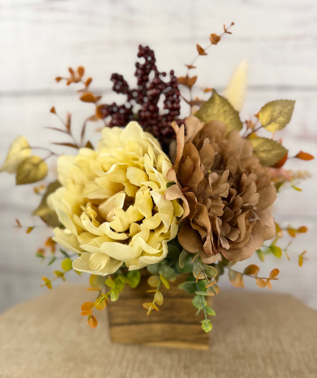 Buttercream & Cocoa fall floral arrangement in a rustic wood cube, cream and cocoa-brown blooms with burgundy berries, view 11