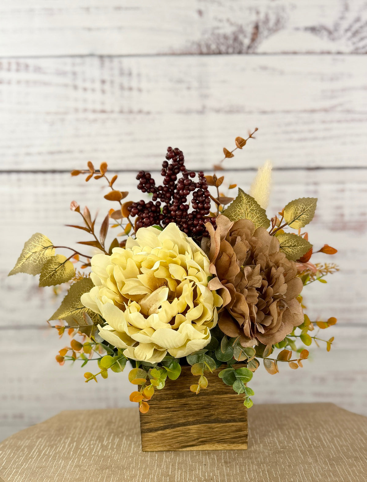 Buttercream & Cocoa fall floral arrangement in a rustic wood cube, cream and cocoa-brown blooms with burgundy berries, view 2