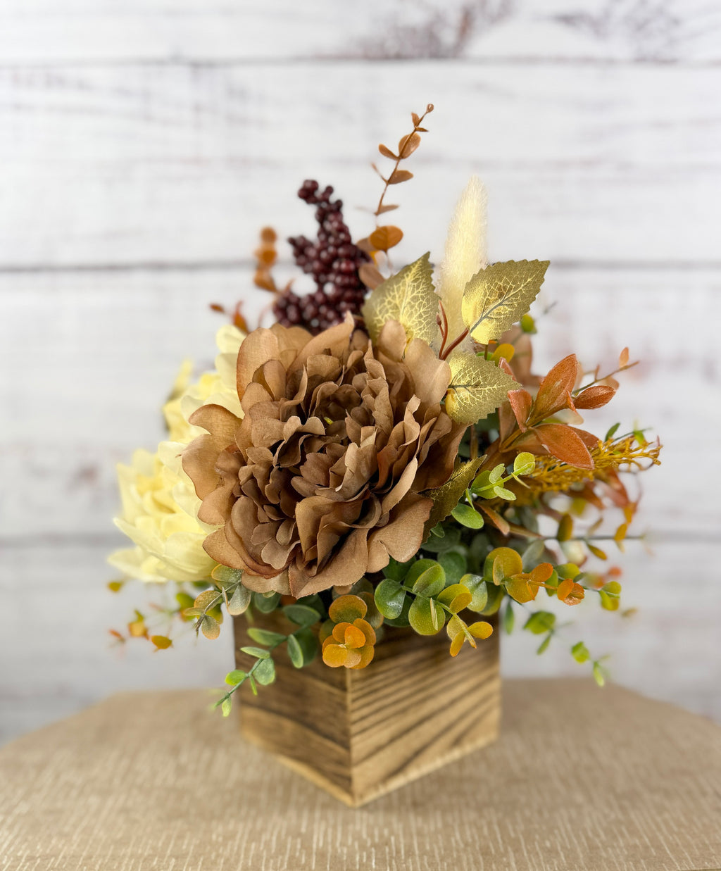 Buttercream & Cocoa fall floral arrangement in a rustic wood cube, cream and cocoa-brown blooms with burgundy berries, view 3