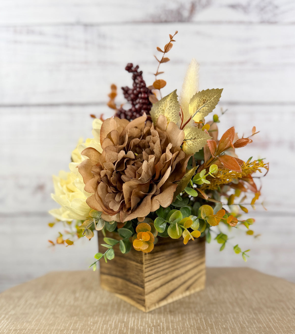 Buttercream & Cocoa fall floral arrangement in a rustic wood cube, cream and cocoa-brown blooms with burgundy berries, view 4