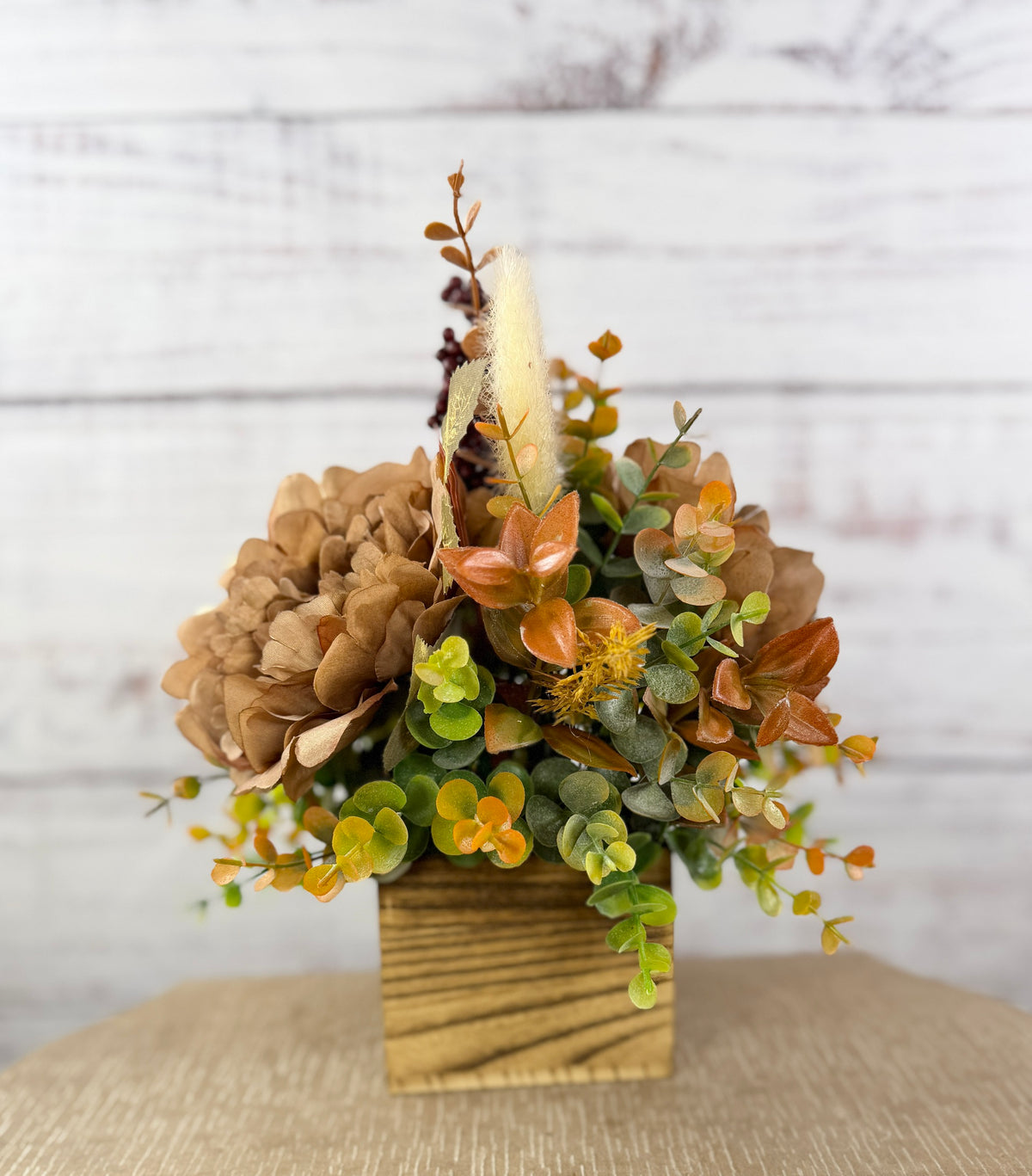 Buttercream & Cocoa fall floral arrangement in a rustic wood cube, cream and cocoa-brown blooms with burgundy berries, view 5