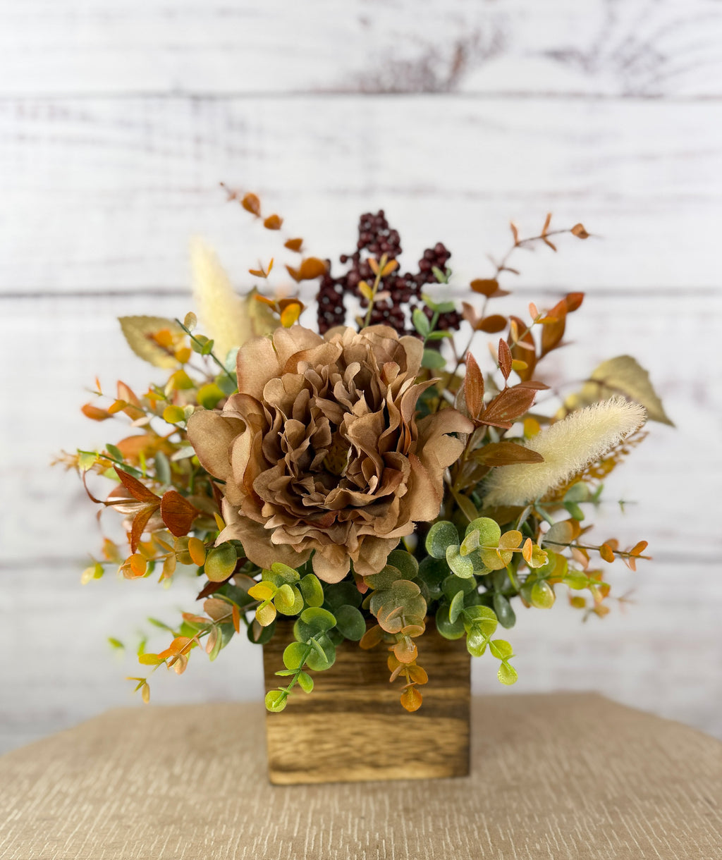 Buttercream & Cocoa fall floral arrangement in a rustic wood cube, cream and cocoa-brown blooms with burgundy berries, view 6