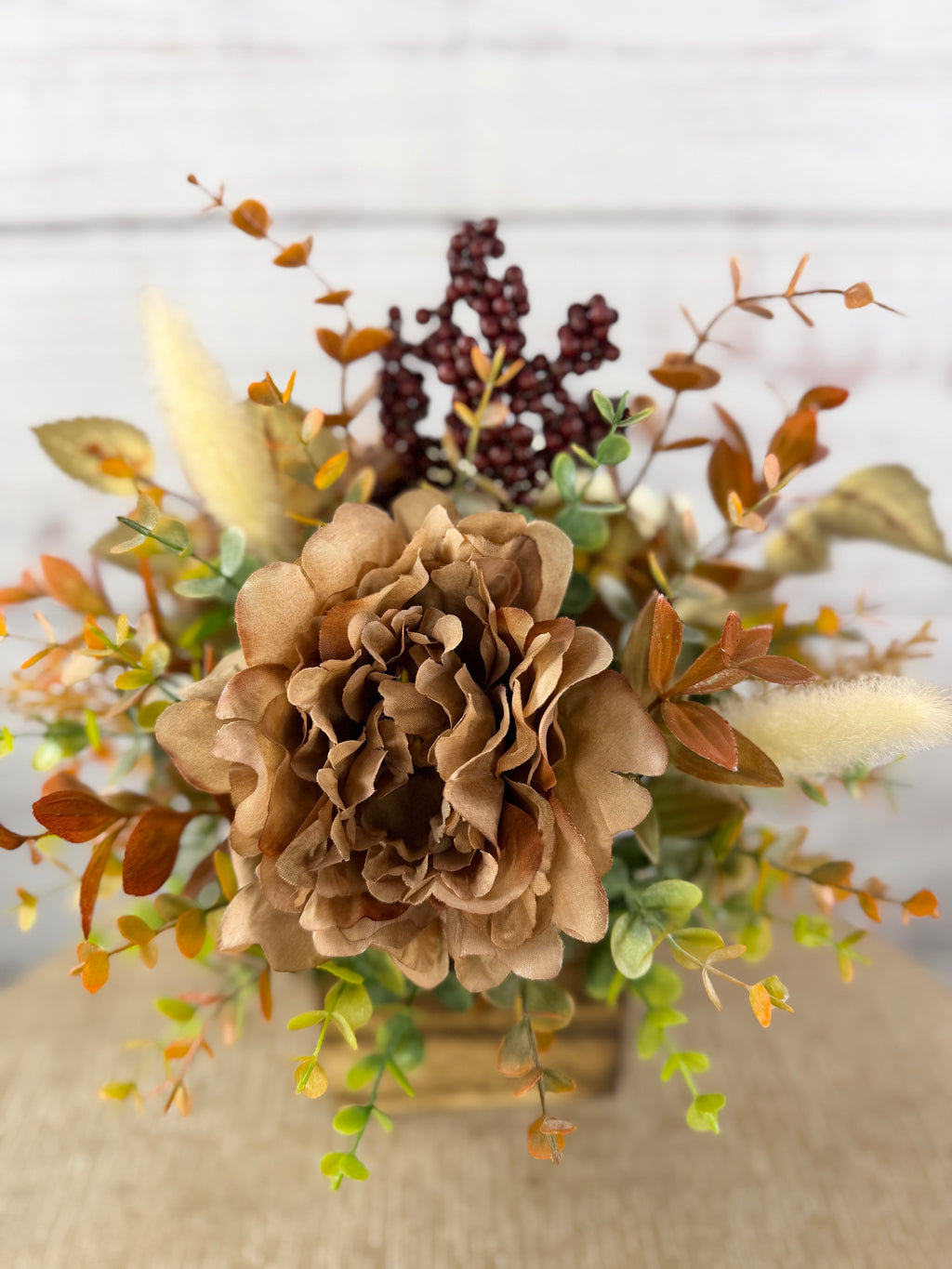 Buttercream & Cocoa fall floral arrangement in a rustic wood cube, cream and cocoa-brown blooms with burgundy berries, view 7