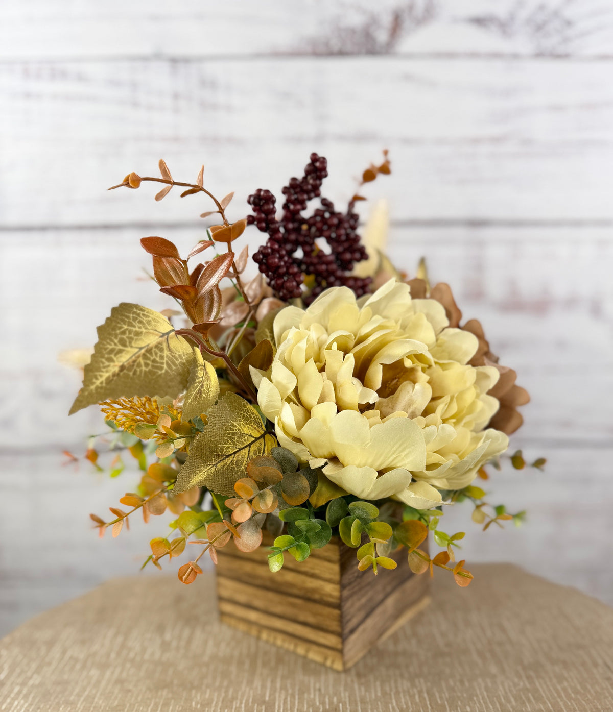 Buttercream & Cocoa fall floral arrangement in a rustic wood cube, cream and cocoa-brown blooms with burgundy berries, view 8