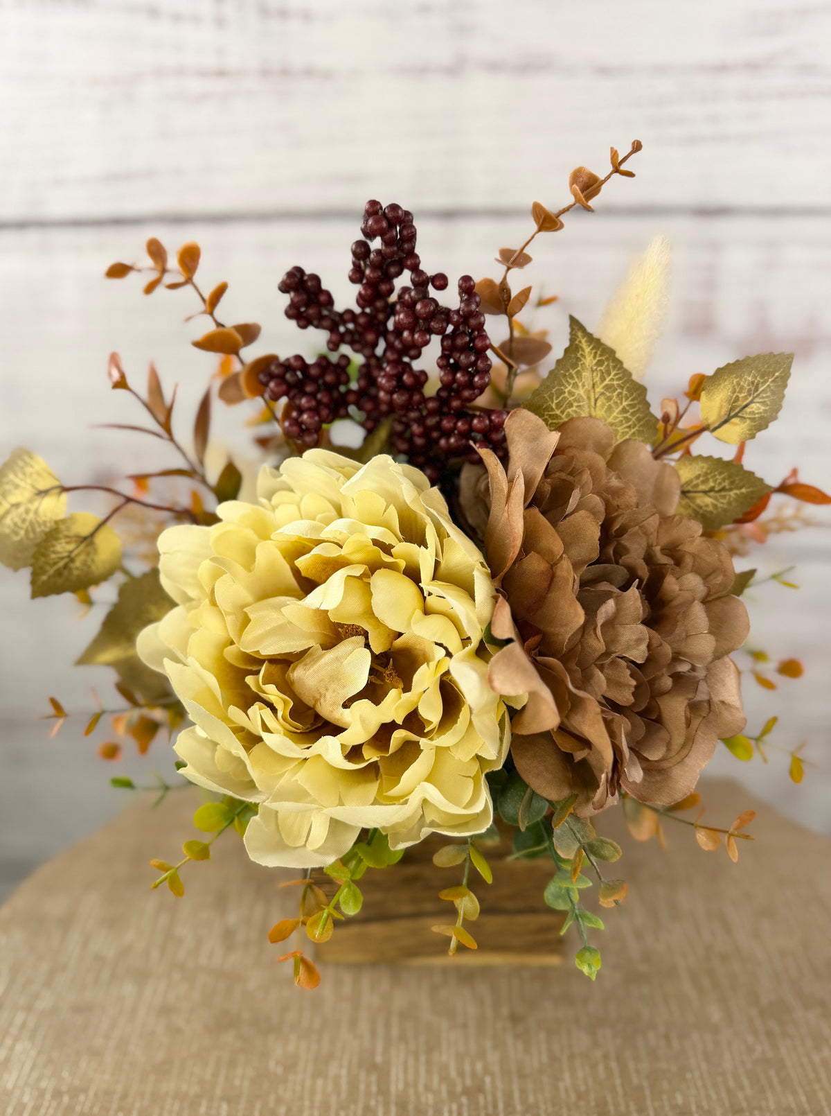Buttercream & Cocoa fall floral arrangement in a rustic wood cube, cream and cocoa-brown blooms with burgundy berries, view 9