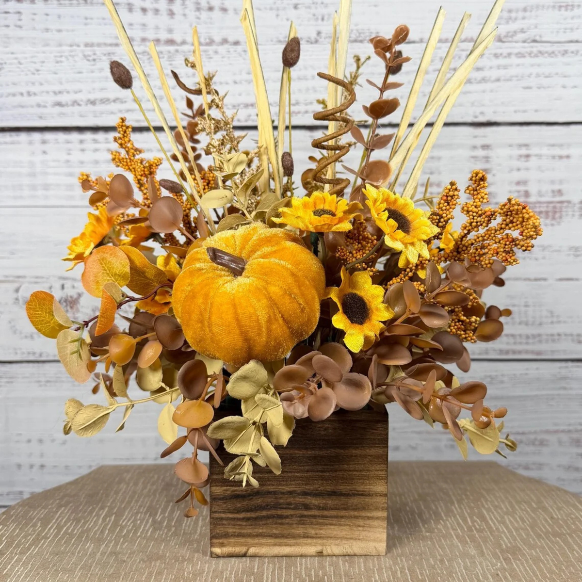 Golden Pumpkin Fall Arrangement | Mustard Yellow, Brown & Gold