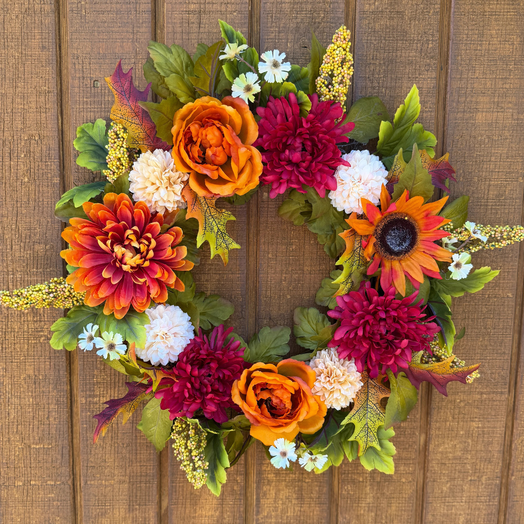 Burgundy Mum & Orange Rose Fall Wreath | Burgundy, Orange & Cream