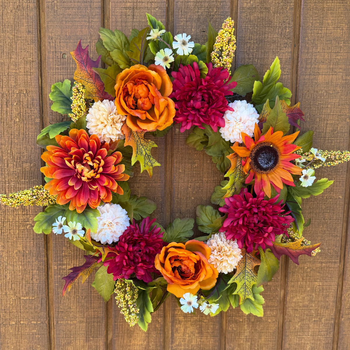 Burgundy Mum & Orange Rose Fall Wreath | Burgundy, Orange & Cream