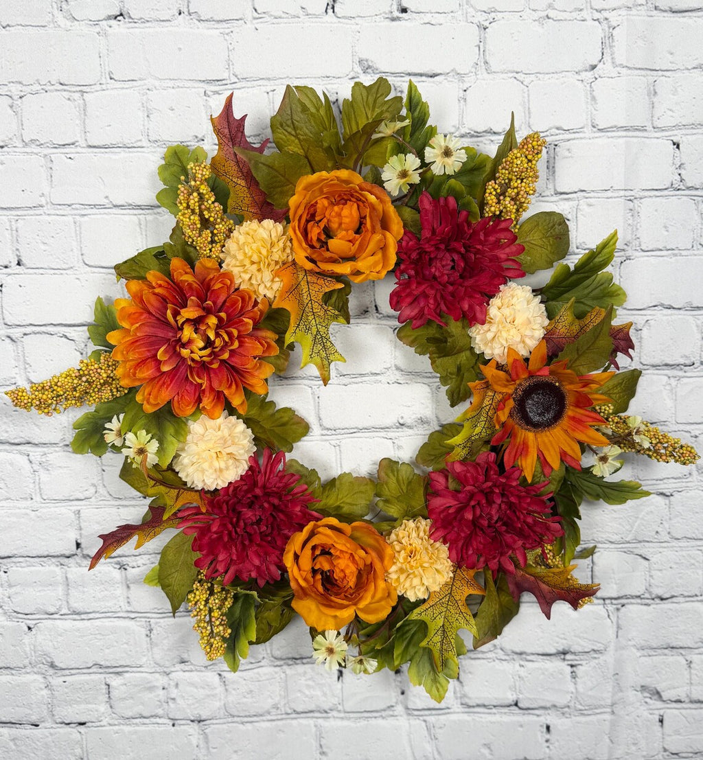 Burgundy Mum & Orange Rose Fall Wreath | Burgundy, Orange & Cream