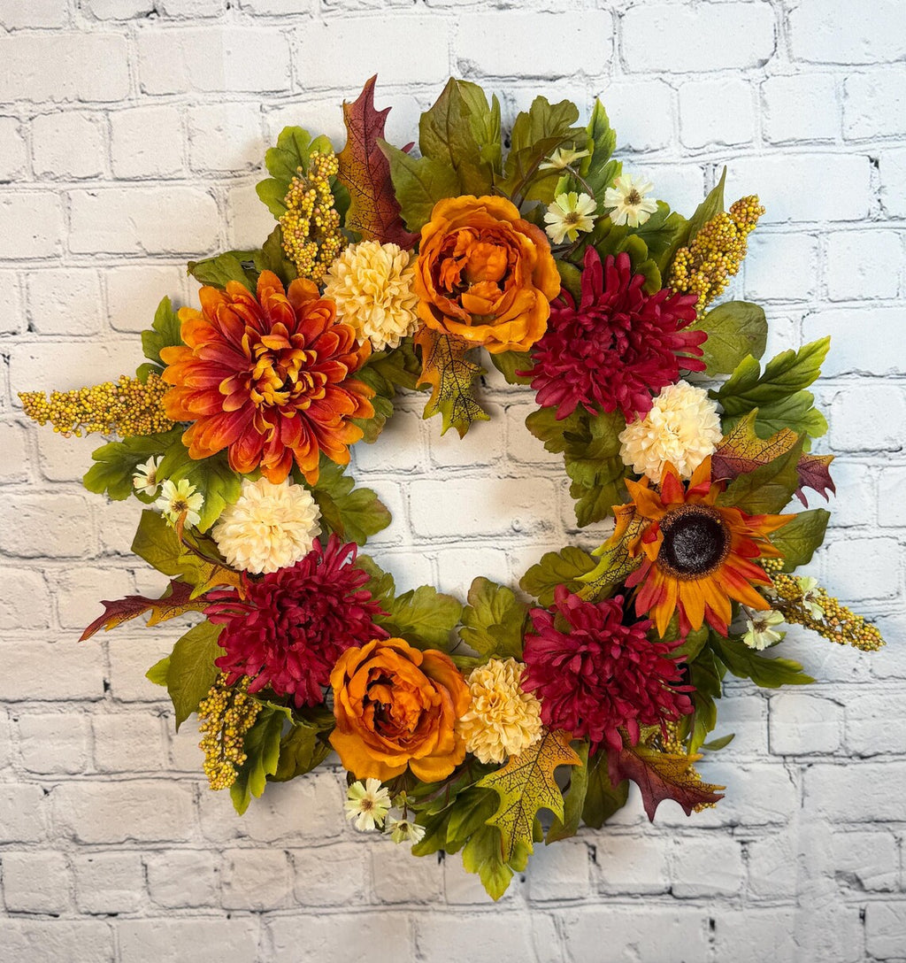 Burgundy Mum & Orange Rose Fall Wreath | Burgundy, Orange & Cream