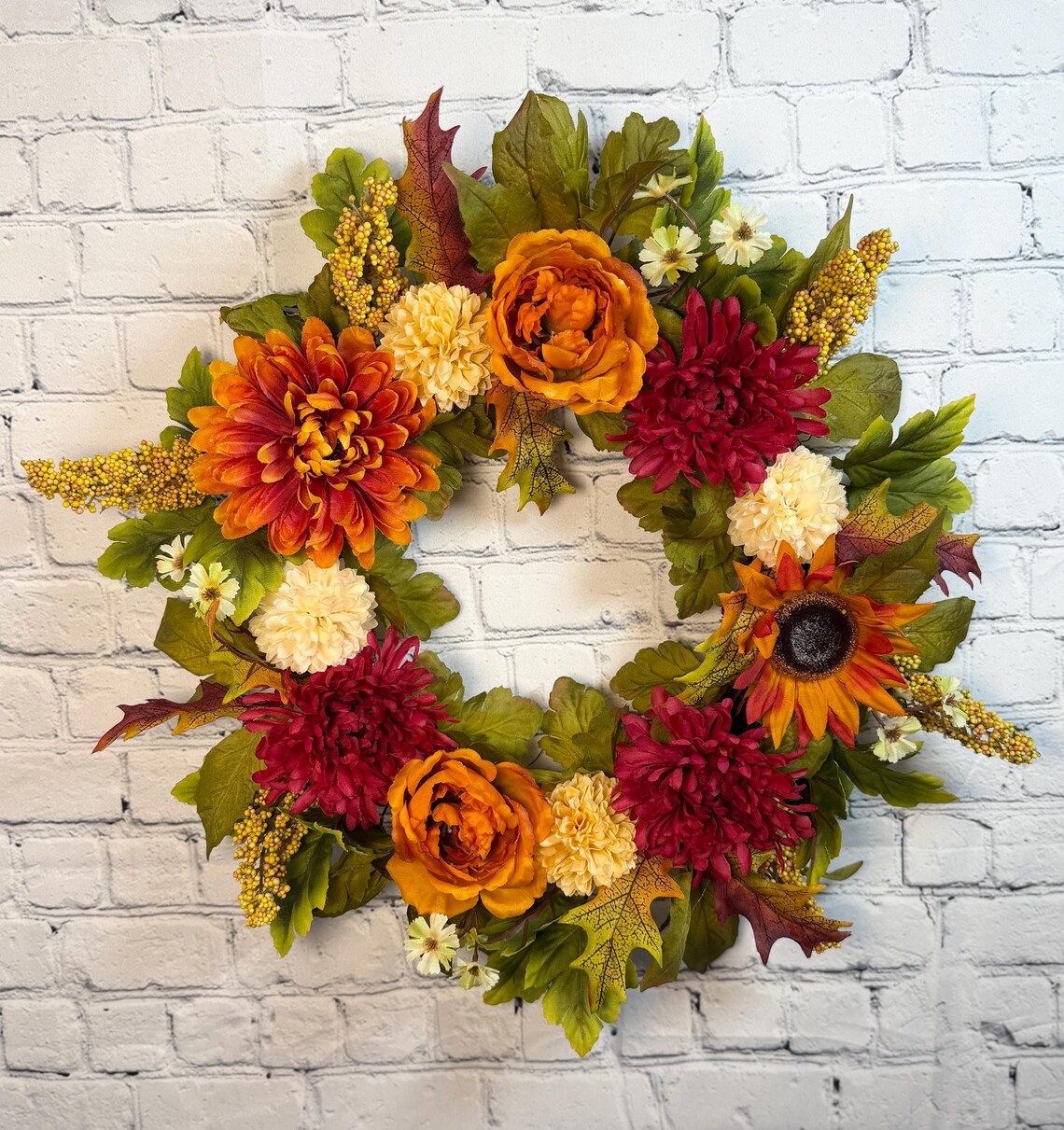Burgundy Mum & Orange Rose Fall Wreath | Burgundy, Orange & Cream
