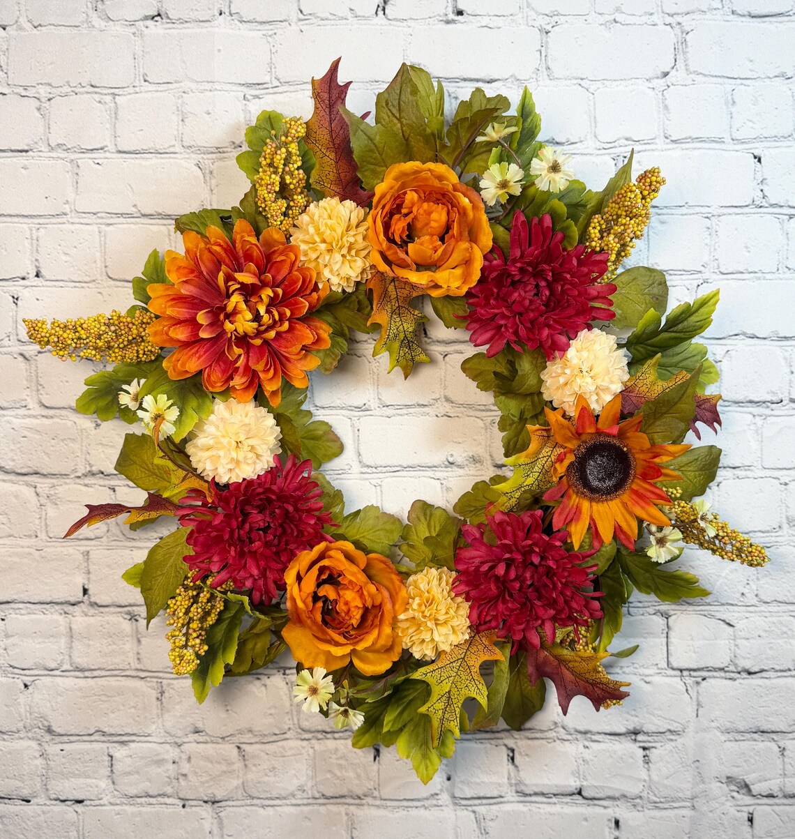 Burgundy Mum & Orange Rose Fall Wreath | Burgundy, Orange & Cream