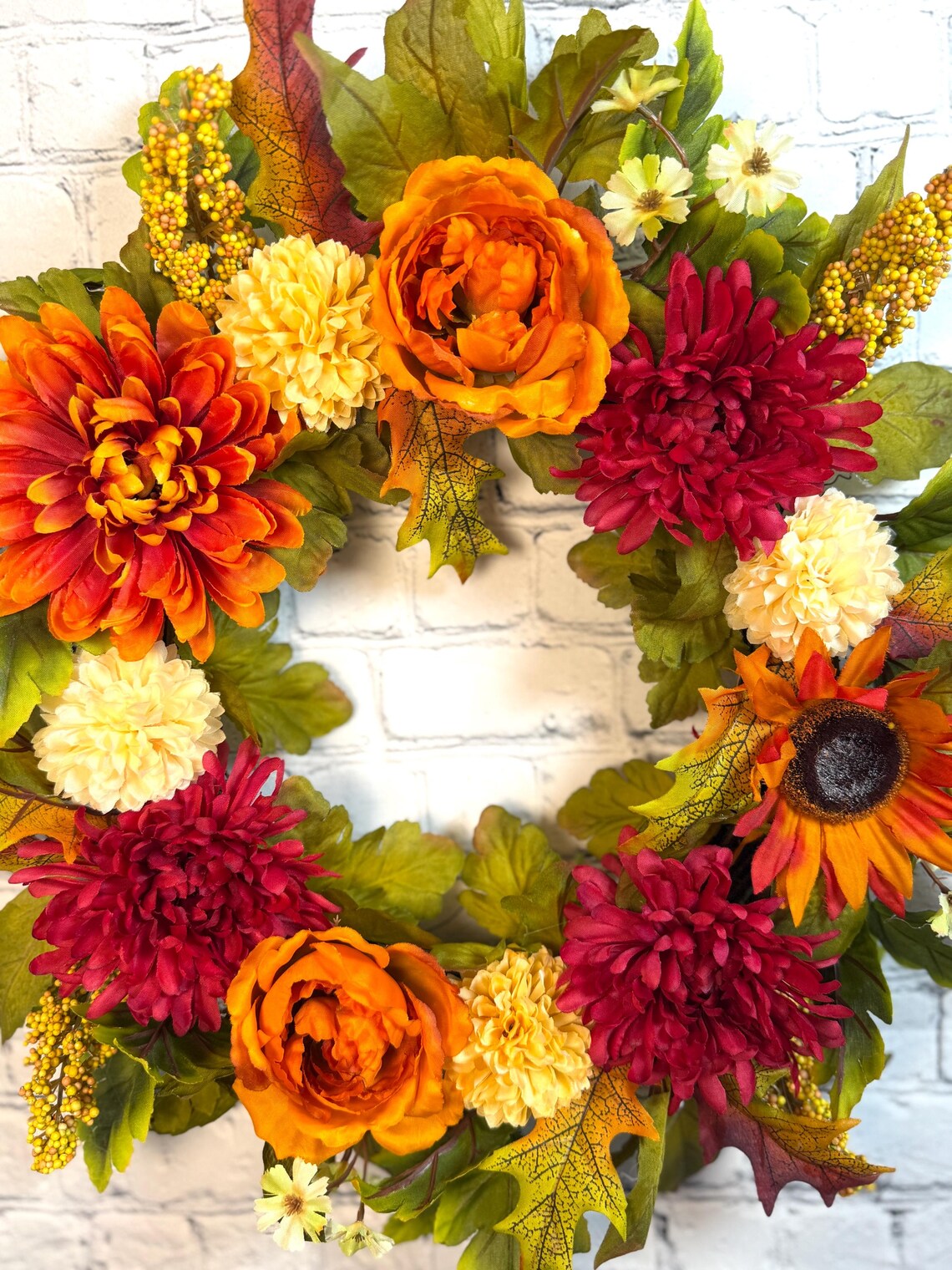 Burgundy Mum & Orange Rose Fall Wreath | Burgundy, Orange & Cream