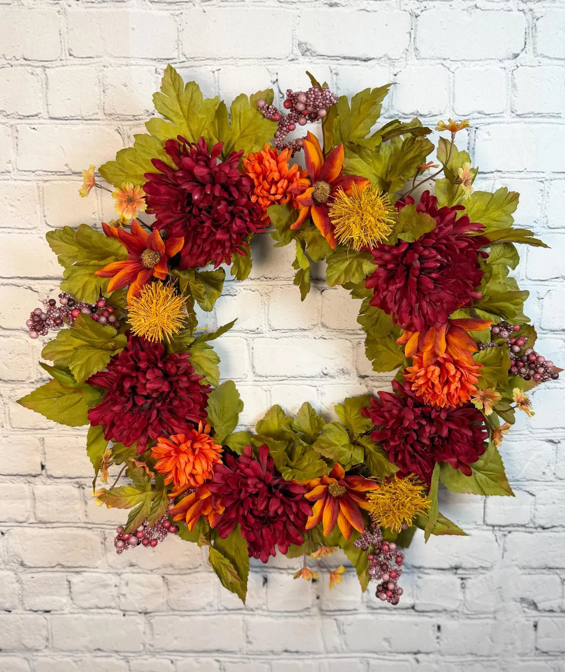 Burgundy Mum Fall Wreath | Burgundy, Orange & Olive Green